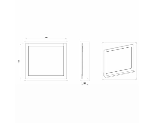 Technický výkres zrcadla o rozměrech 800 x 700 x 120 mm.