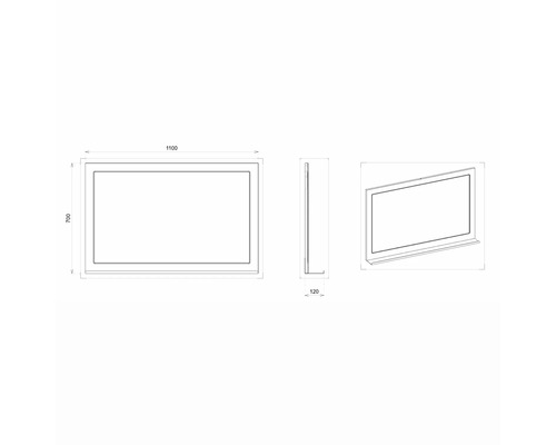 Technický nákres zrcadla s poličkou a rozměry 1100 x 700 x 120 mm.