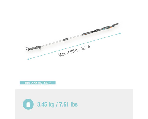 Vysokotlaký prořezávač s teleskopickou rukojetí o maximální délce 2,96 metru a hmotnosti 3,45 kilogramu.