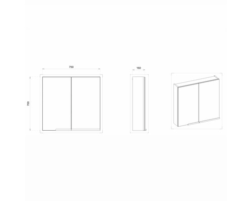Technický nákres zrcadlové skříňky o rozměrech 750 x 700 x 160 mm