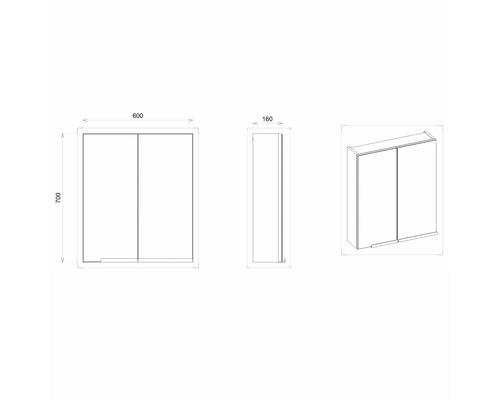 Nákres zrcadlové skříňky o rozměrech 600 x 700 x 160 mm