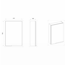 Technický výkres zrcadlové skříňky o rozměrech 700 x 475 x 160 mm