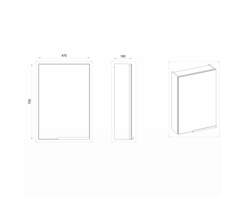 Technický výkres zrcadlové skříňky o rozměrech 700 x 475 x 160 mm