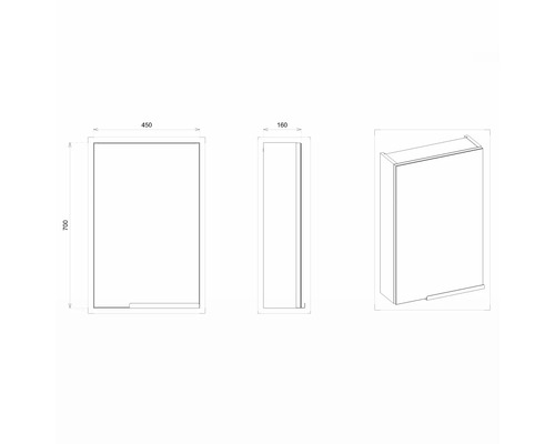Technický nákres koupelnové skříňky o rozměrech 450 mm šířka, 700 mm výška a 160 mm hloubka.