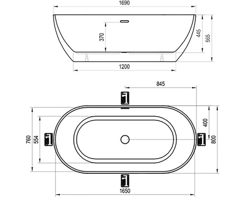 Technický nákres vany s rozměry