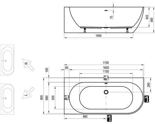 Technický nákres vany s rozměry