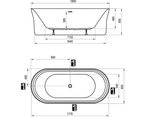 Technický nákres vany s rozměry.