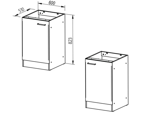 Výkres dvou spodních skříněk kuchyně s rozměry