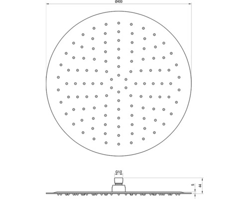 Technický nákres sprchové hlavice s rozměry průměr 400 mm a přípojkou G1/2