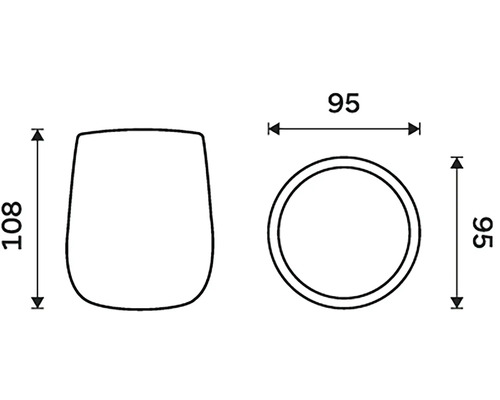 Technický nákres šálku s rozměry: výška 108 mm, průměr 95 mm