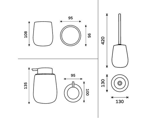 Technický výkres koupelnové sady s kelímkem, dávkovačem mýdla, WC štětkou a příslušnými rozměry