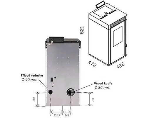 Rozměry peletových kamen, znázorněné v technickém výkresu