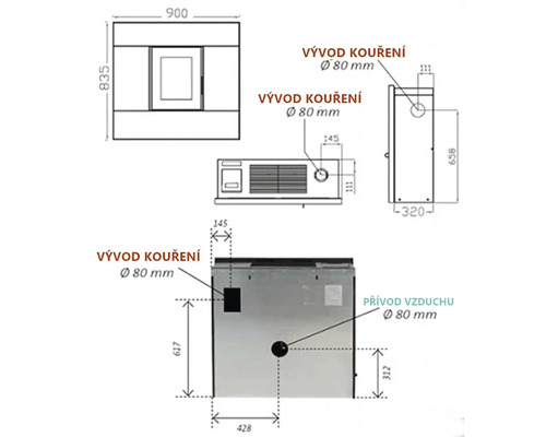 Technický nákres kamen s rozměry pro odvod kouře a přívod vzduchu