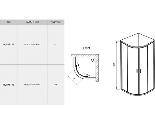 Technický nákres rohového sprchového koutu s rozměry