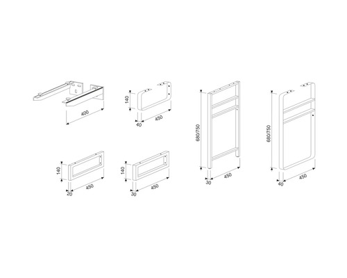Technický nákres různých držáků na ručníky s rozměry