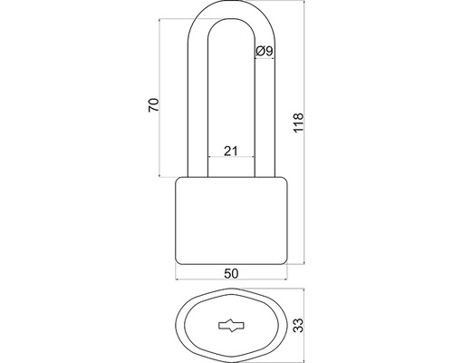 Technický výkres visacího zámku s rozměry
