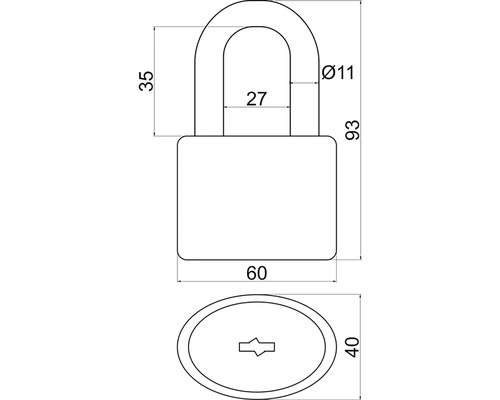 Technický nákres visacího zámku s rozměry