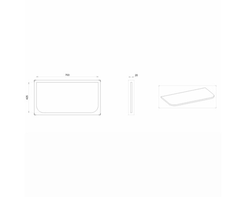 Technický výkres umyvadlové desky s rozměry.