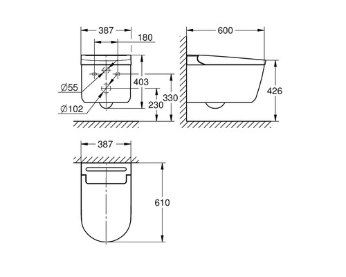 Technický nákres závěsného WC s rozměry