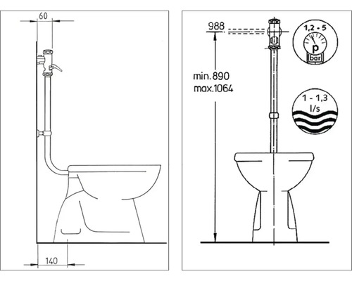 Technický nákres toalety se splachovací trubkou a rozměry.