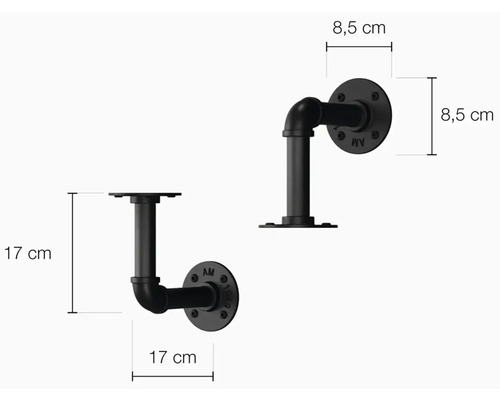 Dva černé trubkové úhelníkové držáky polic s rozměry.