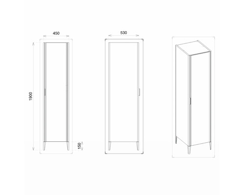 Technický nákres koupelnové skříňky o rozměrech 450 x 530 x 1900 milimetrů