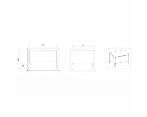 Technický nákres skříňky pod umyvadlo s rozměry