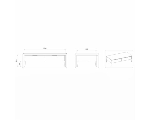 Technický výkres konferenčního stolku se zásuvkami a rozměry.