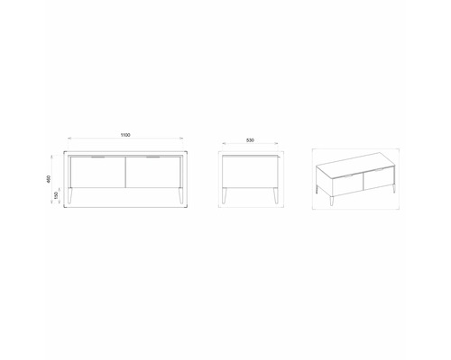 Technický nákres sideboardu s rozměry