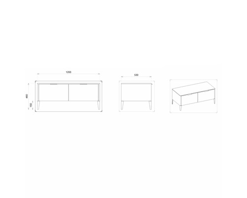 Nákres spodní skříňky o rozměrech 1200 x 530 x 460 milimetrů.