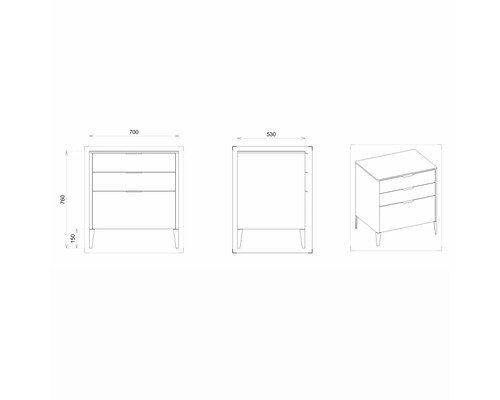 Technický výkres skříně se třemi zásuvkami a rozměry.