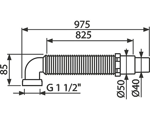 Technický nákres sifonu o rozměrech 975, 825, 85, 50 a 40 milimetrů a G 1 1/2 palce