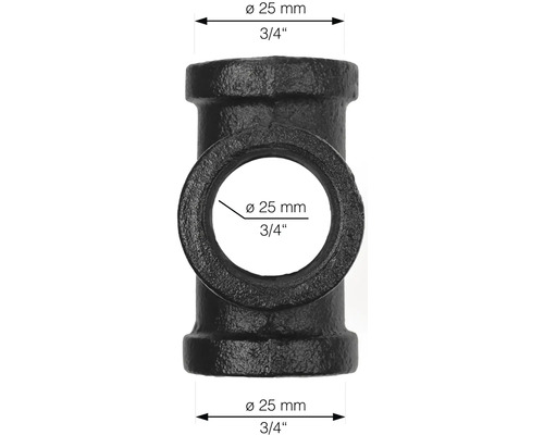 Černý temperovaný litinový T-kus o průměru 25 mm