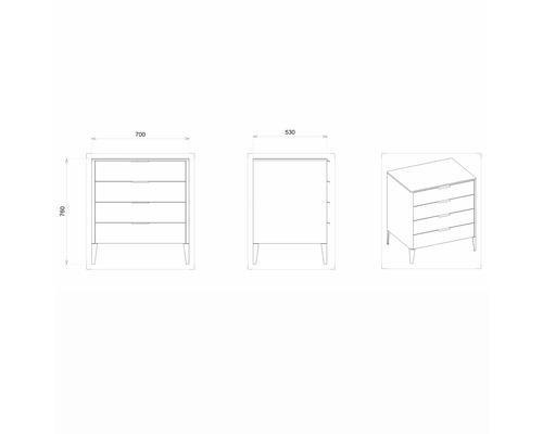 Technický nákres komody se čtyřmi zásuvkami a rozměry.