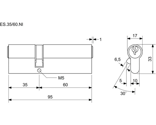 Technický nákres cylindrického zámku s rozměry