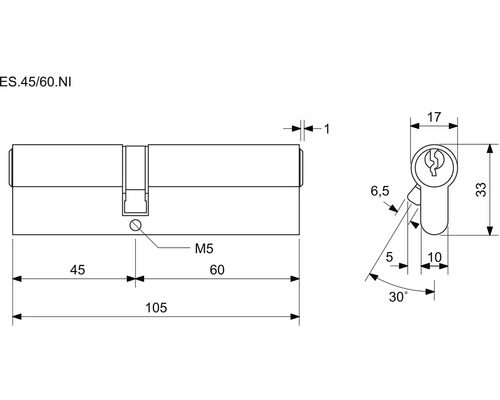Technický nákres cylindrického zámku s rozměry