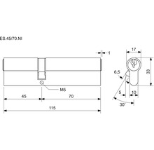 Technický nákres cylindrického zámku s rozměry