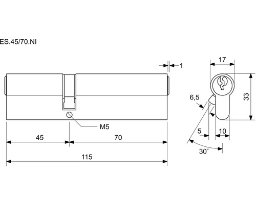 Technický nákres cylindrického zámku s rozměry