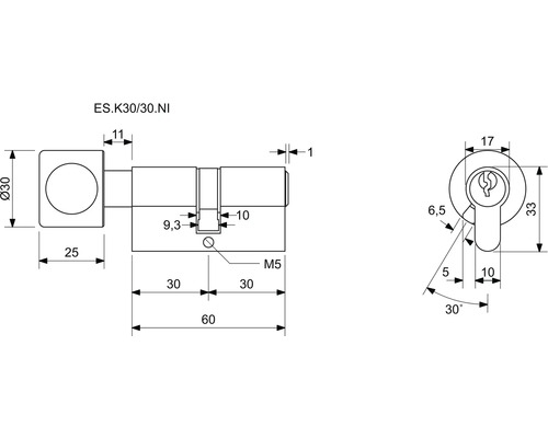 Technický nákres cylindrického zámku s rozměry