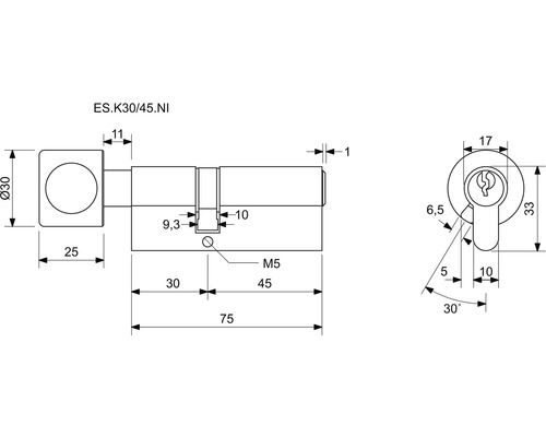 Technický výkres cylindrického zámku s rozměry