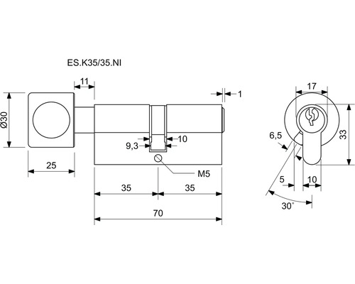 Technický nákres cylindrického zámku s rozměry