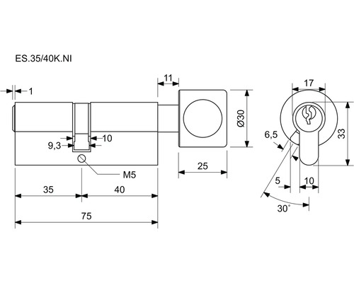 Technický výkres dveřního válce s rozměry