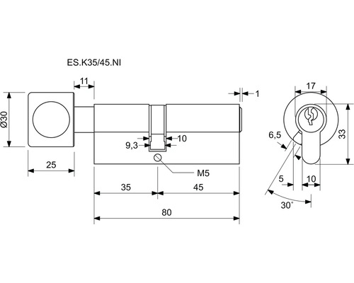 Technický výkres cylindrického zámku s rozměry