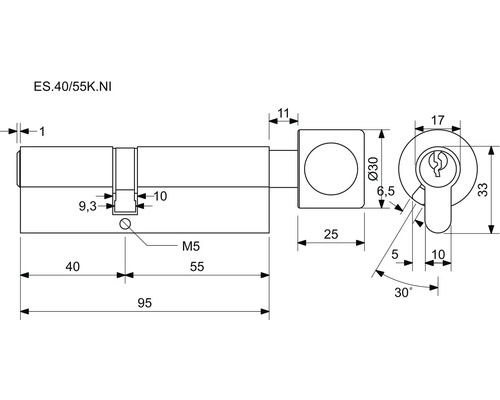 Technický výkres cylindrické vložky s rozměry