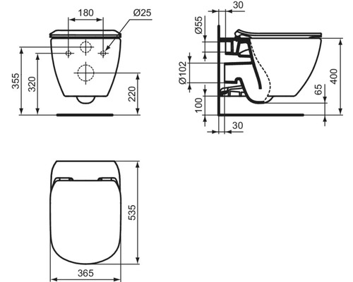 Technický výkres závěsného WC s rozměry