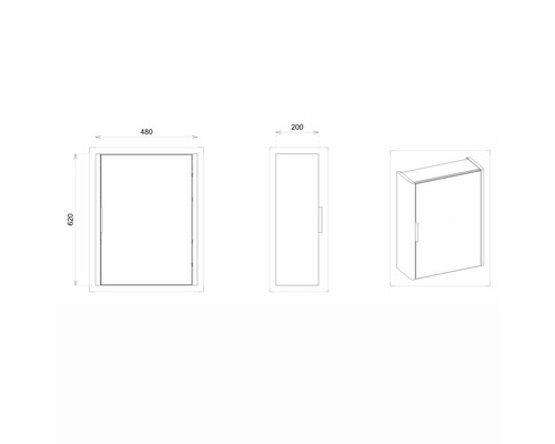 Technický nákres nástěnné skříňky s rozměry