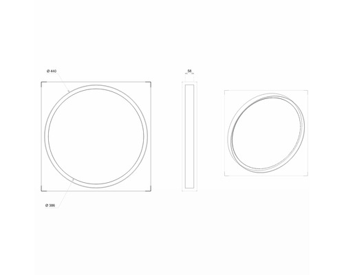 Technický nákres kulatého zrcadla o rozměrech 440 mm šířka, 386 mm průměr a 58 mm hloubka.
