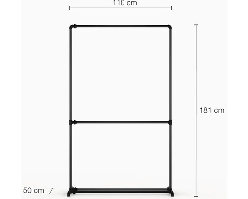 Kovový věšák na oblečení o rozměrech 110 cm šířka, 181 cm výška a 50 cm hloubka