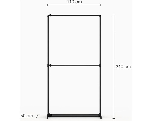 Kovový věšák na oblečení o rozměrech 110 cm šířka, 210 cm výška a 50 cm hloubka