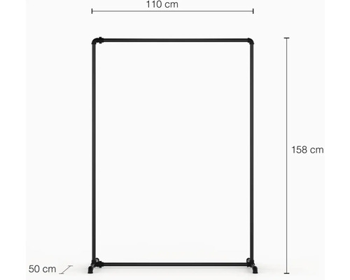 Věšák na oděvy z ocelové trubky o rozměrech 110 cm šířka, 158 cm výška a 50 cm hloubka